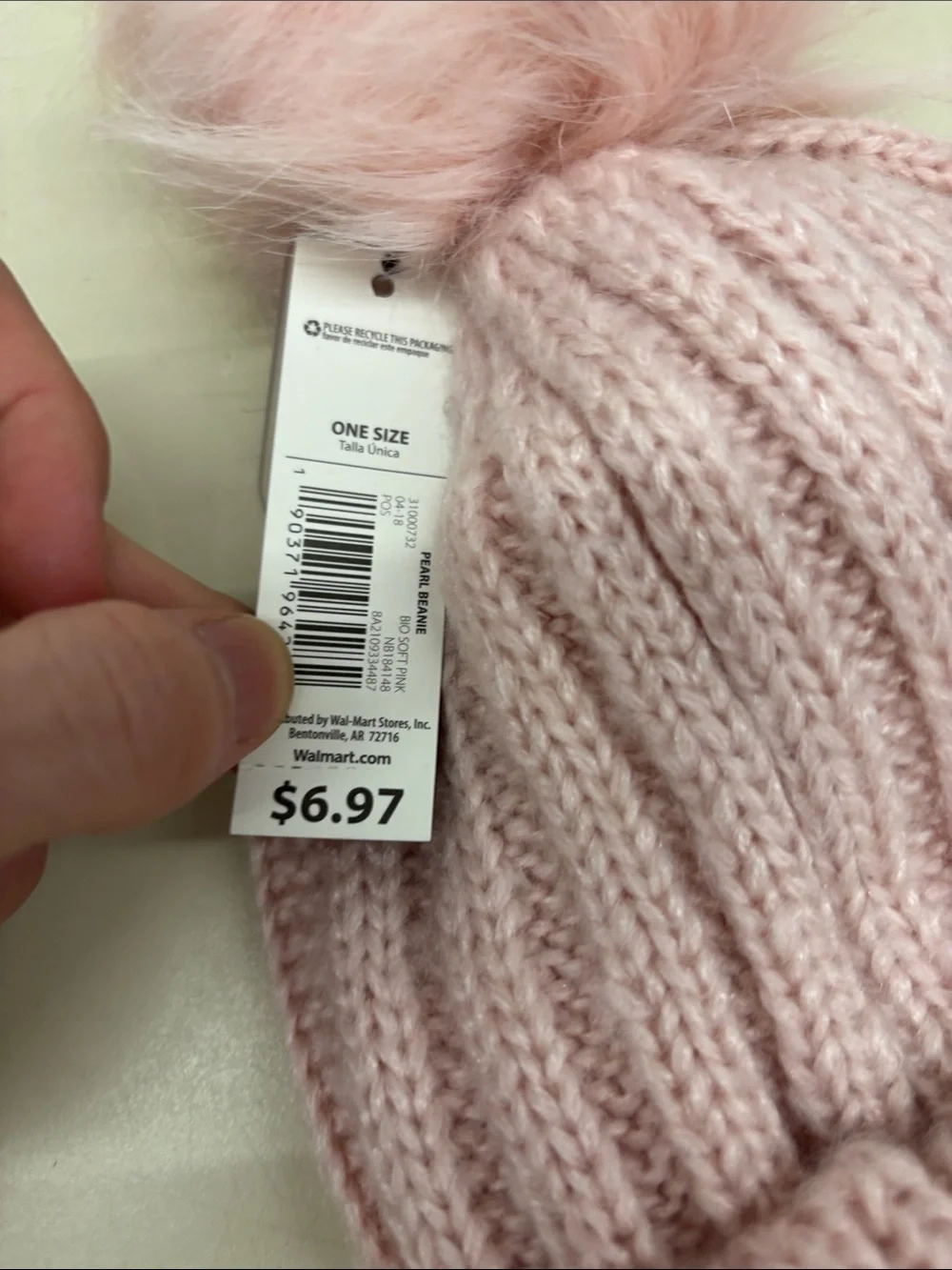 No Boundaries Light Pink Knit Pom Pom Beanie with Pearls